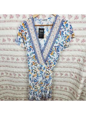NEW Temofon Floral Print Mini Dress V-Neck Short Sleeve Summer Casual - Size L